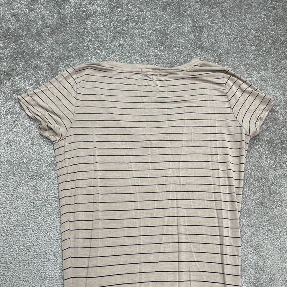 Prana Ruched Bodycon Midi Dress Womens Medium Beige Stripe V-Neck Stretch Casual - Picture 11 of 13